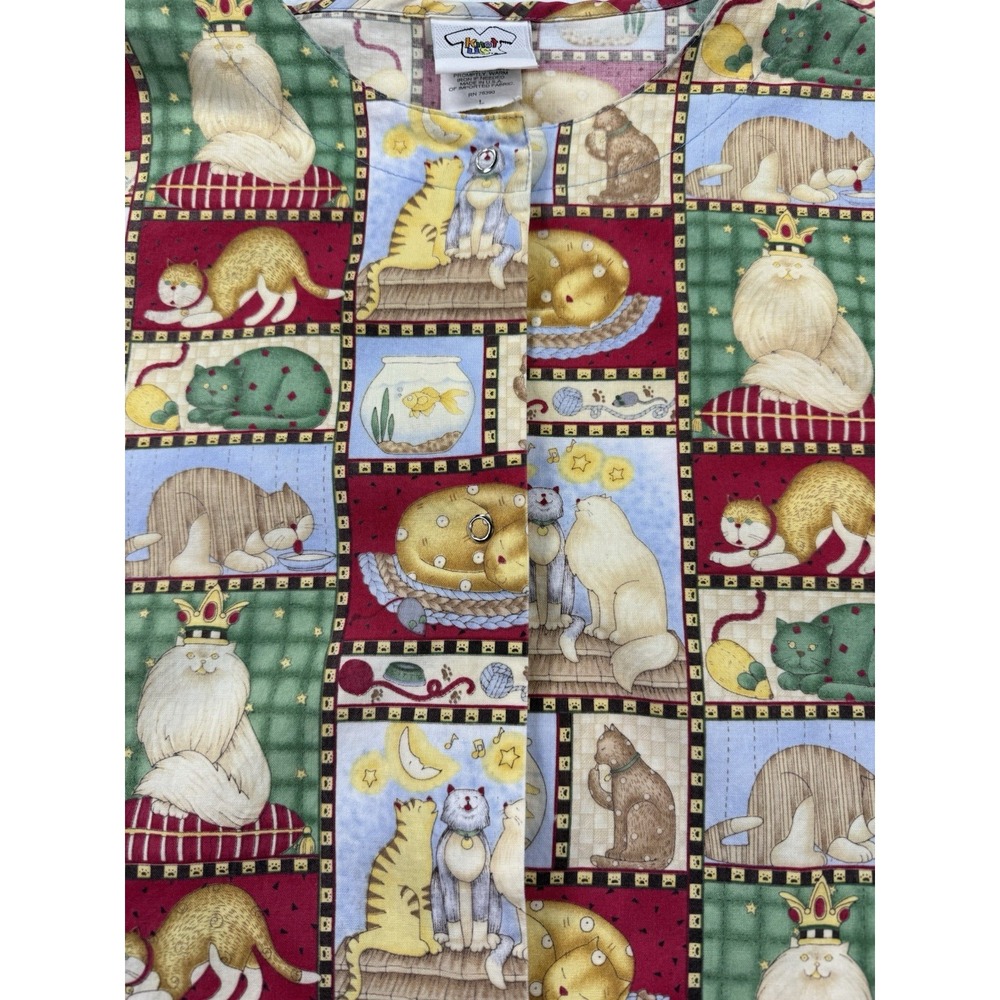 VTG 90s Knot Us Persian Cat Novelty Scrub Jacket Top L USA Whimsy Storybook